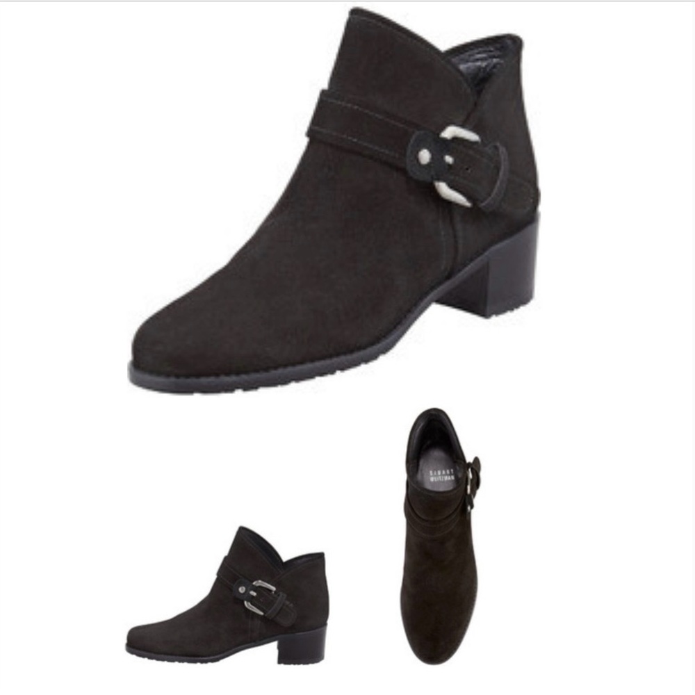 Stuart Weitzman Suede Black Bootie with Black Gunmetal Buckle, Block Heel, 5.